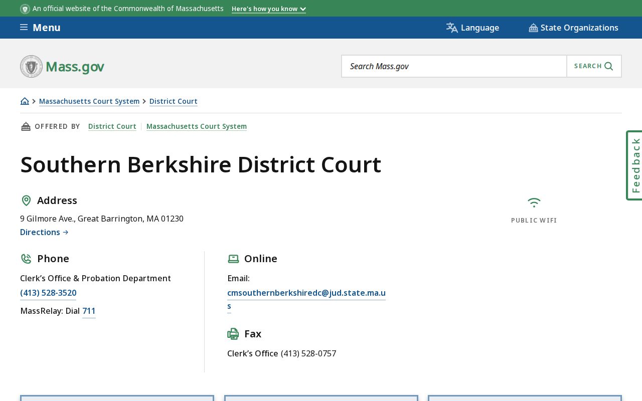 Southern Berkshire District Court contact block for Berkshire County municipal court warrants