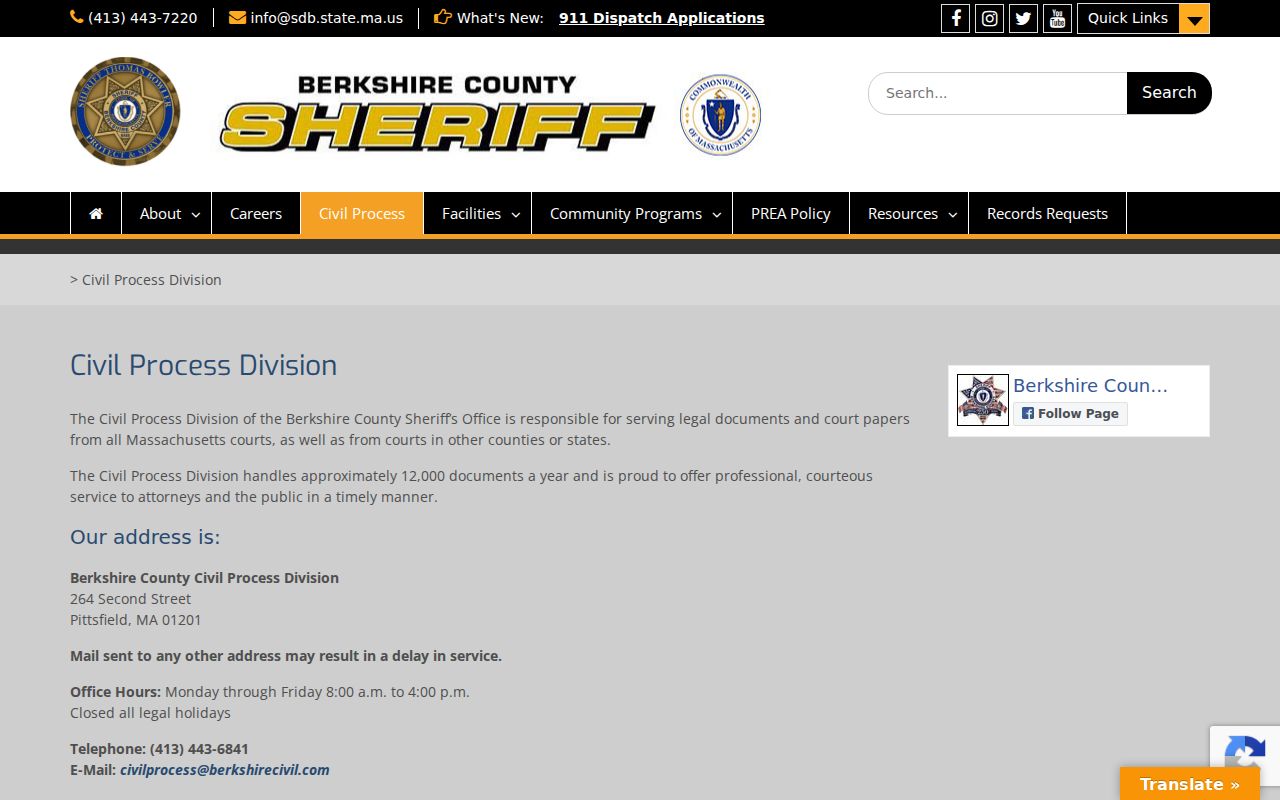 Berkshire County civil process and service page for Berkshire County arrest warrants