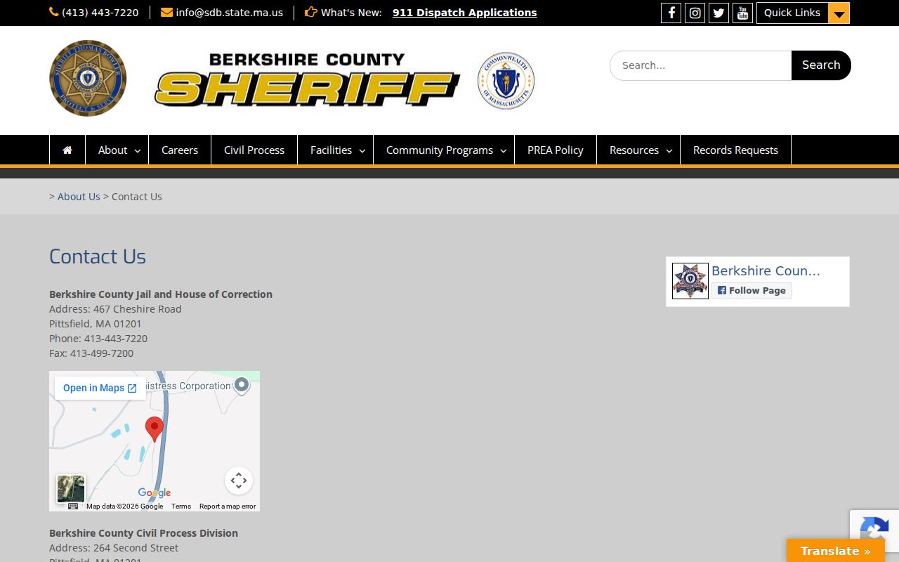 Berkshire County Sheriff contact page showing no Berkshire County active warrants roster