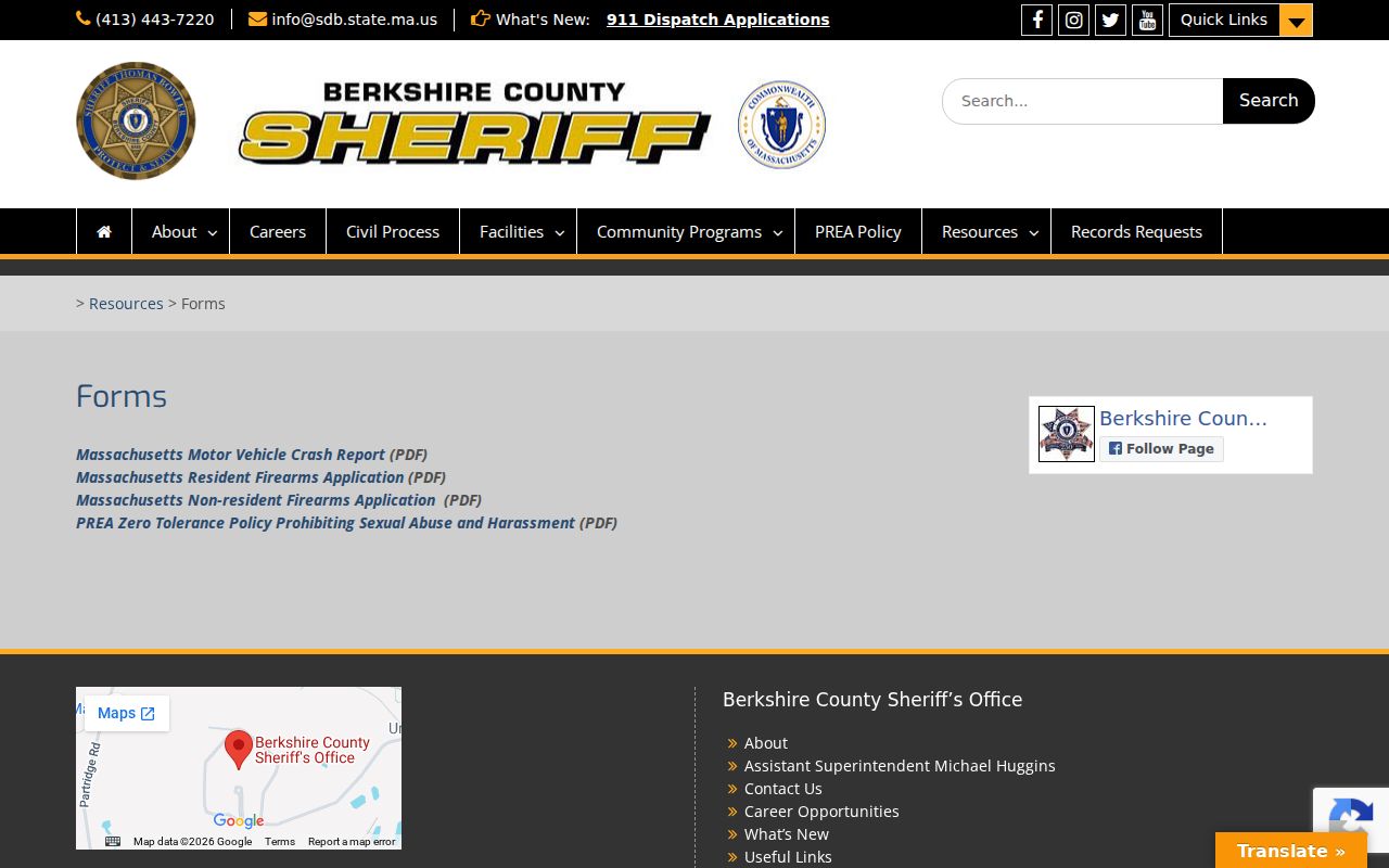 Official court and sheriff forms index used in Berkshire County bench warrant clearance
