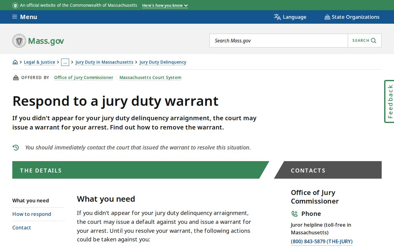 Official jury duty warrant recall instructions for Berkshire County bench warrants