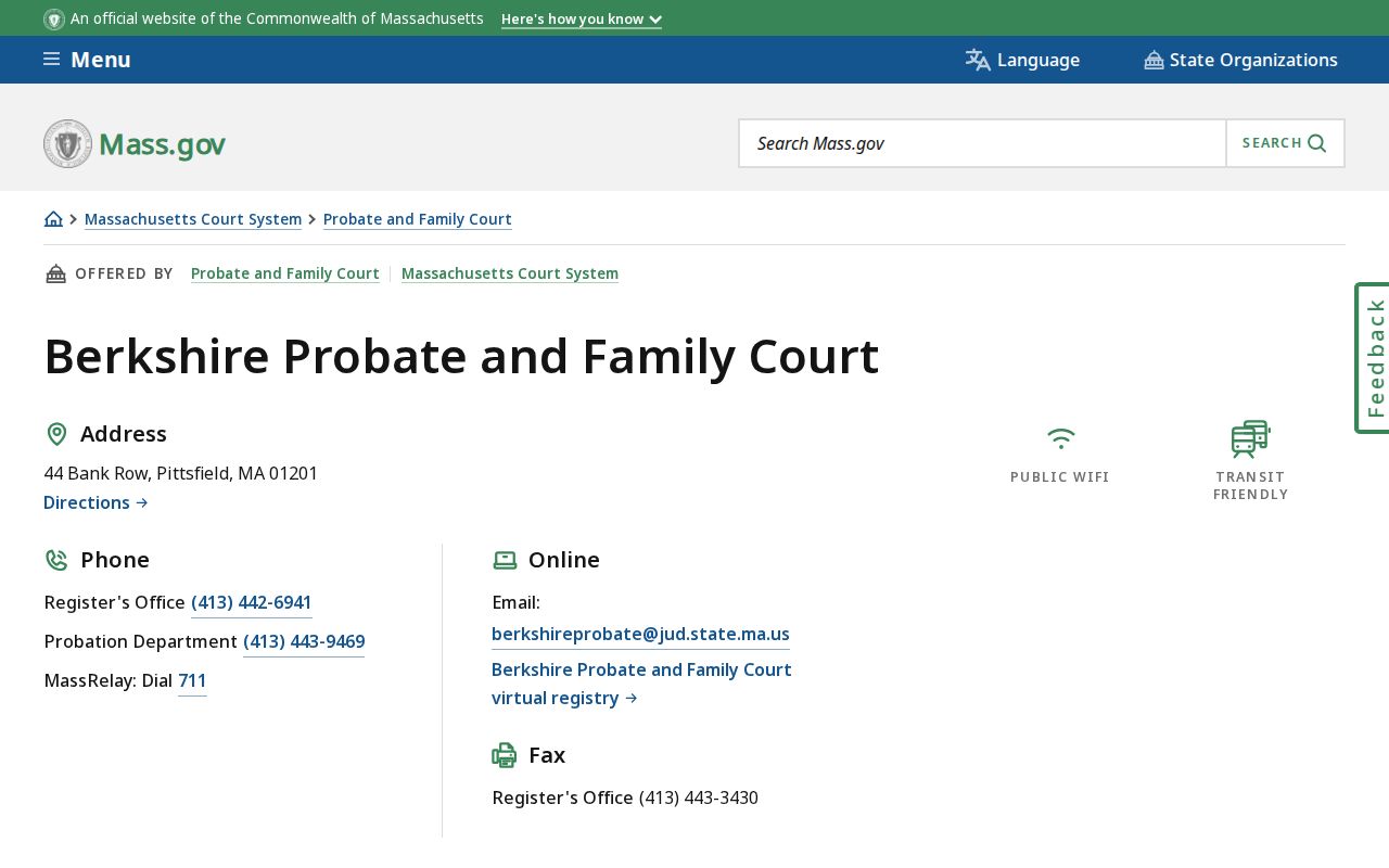 Berkshire Probate and Family Court contact block for Berkshire County municipal court warrant routing